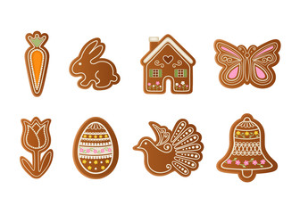 Set Easter gingerbreads. Carrot, rabbit, house, butterfly, tulip, egg, dove and bell