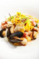 Tagliatelle pasta with seafood closeup view