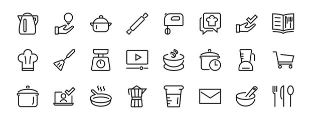 Set of icons for cooking and kitchen, vector lines, contains icons such as a knife, saucepan, boiling time, mixer, scales, recipe book. Editable stroke, perfect 480x480 pixels, white background
