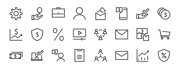 Set of business vector line icons. It contains user symbols, dollar pictograms, gears, briefcase, puzzles,