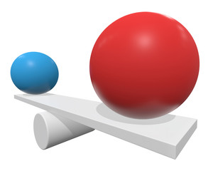 Simple seesaw scales weighing two abstract spheres. Balance, comparison and equality concept. 3d render isolated on white background.