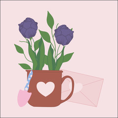 tulips and gardening tools, vector illustration
