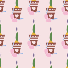 tulip bud in a pot and gardening tools, seamless pattern