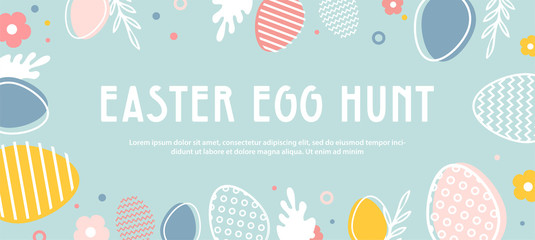 abstract banner template for Easter Egg hunt . Greeting card, poster or banner with bunny, flowers and Easter egg. Spring background - 328140302