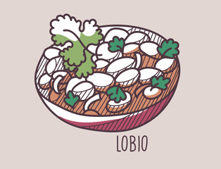 Hand drawn vector illustration of Lobio. Doodle colored on pale background with hand written title of the dish.