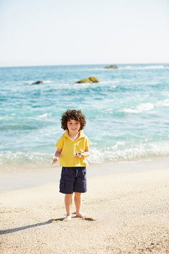 Young boy holding sea shells on the beach