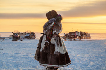  Far North, Yamal Peninsula, Reindeer Herder's Day, local residents in national clothes of Nenets - obrazy, fototapety, plakaty