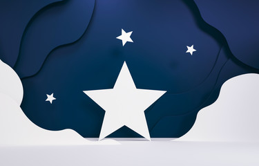 White clouds, stars on Muslim feast. Holy islam religious month. Ramadan mubarak invitation with paper cut clouds. Sleep time, sleepy card with Poster with copy space. Ramadan Kareem background