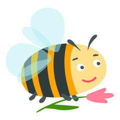 Cute bee with a flower. Hand drawn happy bee. Adorable character. Vector illustration on a white background. 