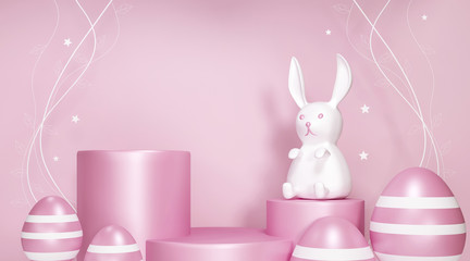 Happy Easter greeting card. 3d render. Poster with cute baby toy. Copy space poster on party events. Religious April Easter. Mockup template - bunny and eggs. Fat white rabbit on a pink background