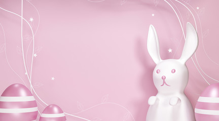 Happy Easter greeting card. 3d render. Poster with cute baby toy. Copy space poster on party events. Religious April Easter. Mockup template - bunny and eggs. Fat white rabbit on a pink background