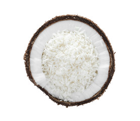 Tasty fresh coconut flakes isolated on white, top view
