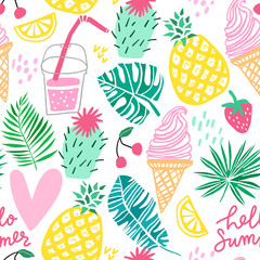 Summer vector seamless pattern. Line cute doodle - 328142545