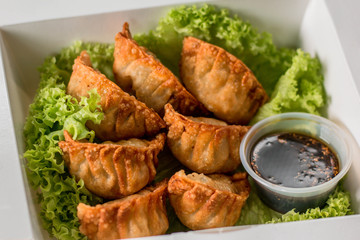 gyoza empanada comida deliciosa asiatica y lechuga  desde arriba con salsa de anguila