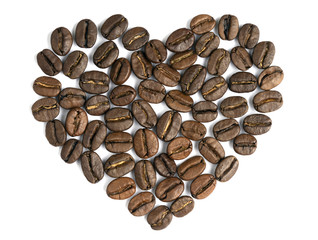 Roasted coffee beans heart isolated on a white background