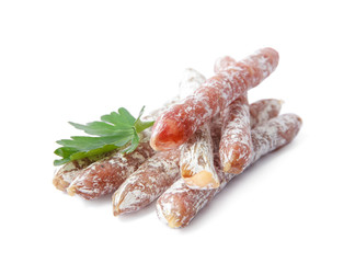 Tasty sausages on white background. Meat product
