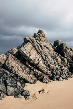Protruding rocks on Sango Sands Bay. Durness, Highlands, Scotland, UK.