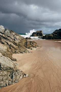 Breaking waves on Sango Sands Bay. Durness, Highlands, Scotland, UK.
