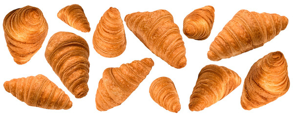 Set of fresh levitating or flying croissants from different positions and angles isolated on white background. Banner. Mockup for signboard or advertisement of bakery or confectionery.