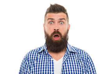 Obraz premium big sales. mustachioed and bearded. surprised after hairdresser salon. barbershop master. mustache from barber. Mature hipster with beard. trendsetter hipster with mustache isolated on white