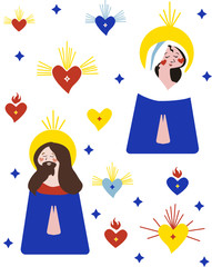 Cute bright vector illustration pattern with Jesus and Holy Virgin Mary with yellow halos surrounded by ex-voto hearts in different colors will be perfect for church holidays like christmas and easter