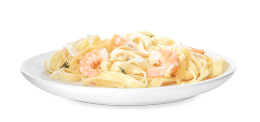 Delicious pasta with shrimps isolated on white
