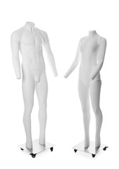Male and female ghost headless mannequins with removable pieces isolated on white
