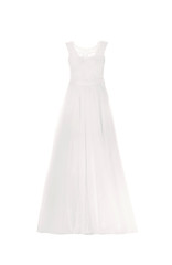 Elegant wedding dress on mannequin against white background. Custom made clothes