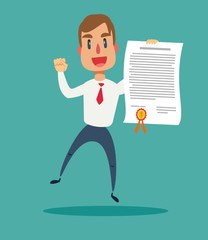 Successful, smiling, young, happy businessmen showing an award certificate. Vector flat design illustration.