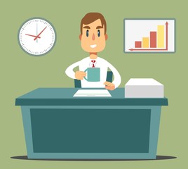 Business man entrepreneur working on his clean and sleek office desk. Flat style color modern vector illustration.