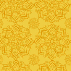 Digital art doodle seamless contour mandala seamless pattern on yellow background. Print for fabrics, wrapping paper, banners, posters, cards, advertising, covers, web design, invitation cards.