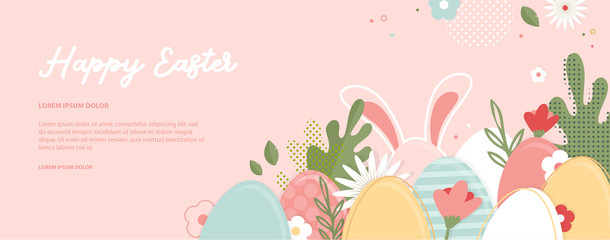 Happy Easter banner. Greeting card, poster or banner with bunny, flowers and Easter egg. Egg hunt poster. Spring background - 328148107