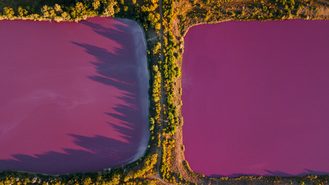 pink chemical lakes with a narrow path in-between
