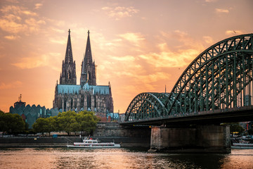 Koln Germany city skyline, Cologne skyline during sunset ,Cologne bridge with cathedral Germany Europe - obrazy, fototapety, plakaty