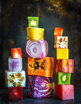 Close up of stack of different food cubes