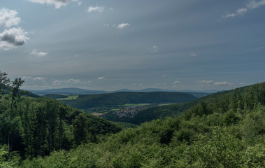 Leaf green forests with mountains near Kysak station in summer hot day