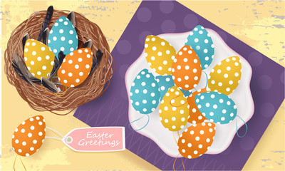 Easter Greetings banner, Greeting Card with Easter Eggs, feathers in the nest, napkin on a grunge background