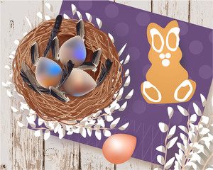 Easter banner, Greeting Card with Easter Eggs, feathers in the nest, willow, napkin, cookie on a wooden table