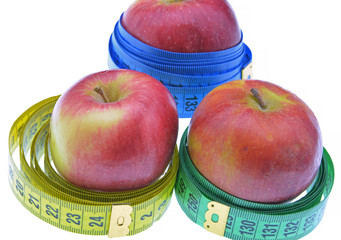 red apple with measuring tape isolated on white background