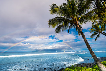 Fototapeta na wymiar Colorful Double Rainbow over Clear Aqua Blue Ocean Water with Waves Crashing on Shore Rocks of Beautiful Tropical Island Paradise Scene with Bright Green Palm Trees on Maui Hawaii