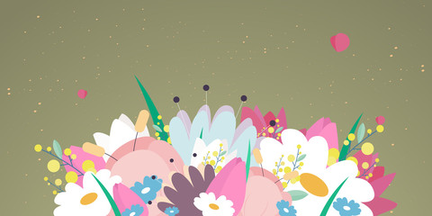 Spring beautiful flowers on a green background. Vector illustration for banner, brochure, invitation, flyer, postcard, website. Design template
