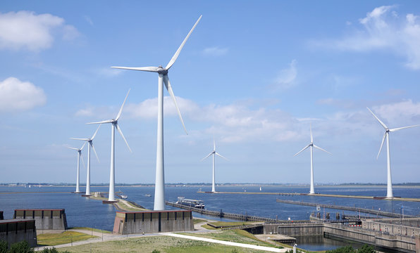 Dutch coastal protection, with dams, sea locks and turbines