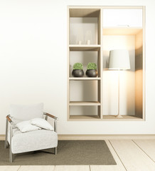 Cabinet TV in white empty interior and armchair room Japanese-style, 3d rendering