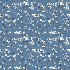 seamles pattern of tree branch with flowers and leaves, graphic hand drawn, blossom tree on blue background. Simple pencil art for drawn fabric, gift wrap, wall art design, wallpaper, card, textile