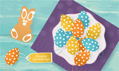 Easter Greetings banner, Greeting Card with Easter Eggs, cookies, napkin on abstract background