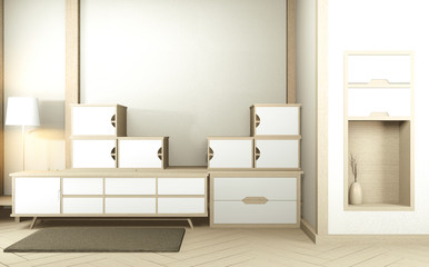 Fototapeta na wymiar Shelf wall room zen style and decoraion wooden design, earth tone.3D rendering