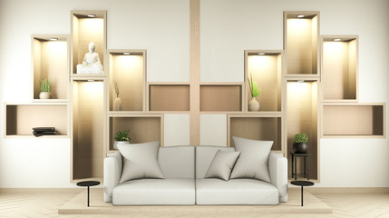 Shelf wall room zen style and decoraion wooden design, earth tone.3D rendering