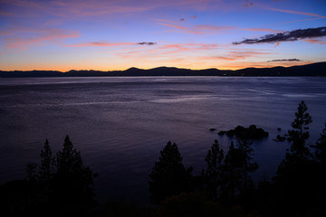 Incline Village, Nevada, USA - 8/22/2019: Beautiful sunset in Sand Harbor on Tahoe Lake