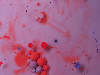 Abstract photography. Multicolored spheres, streaks and spots on a light background. Red, yellow, blue, purple shapes.