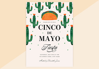 Cinco De Mayo Invitation Layout with Cactus and Taco Illustrations